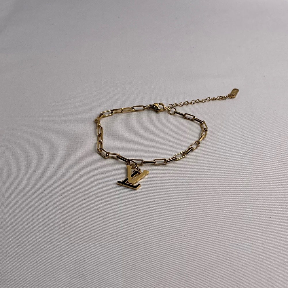 Gold Chain Bracelet with LV Logo Charm
